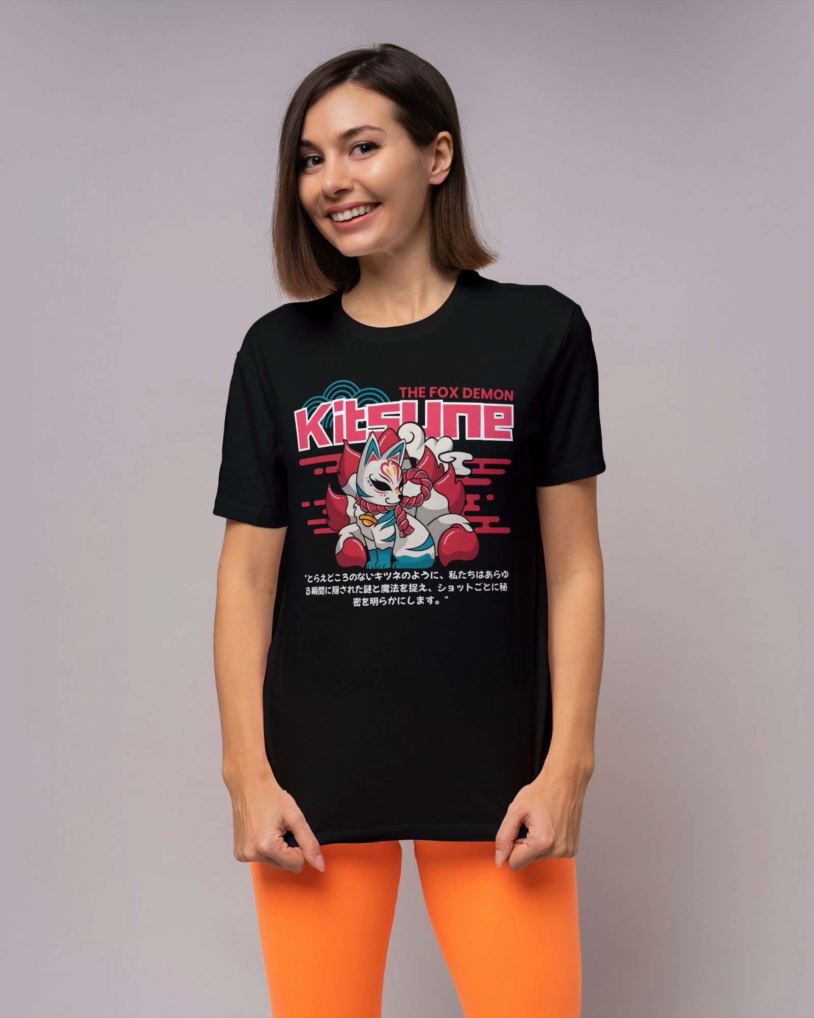 Kitsune Spirit Anime Black T-shirt