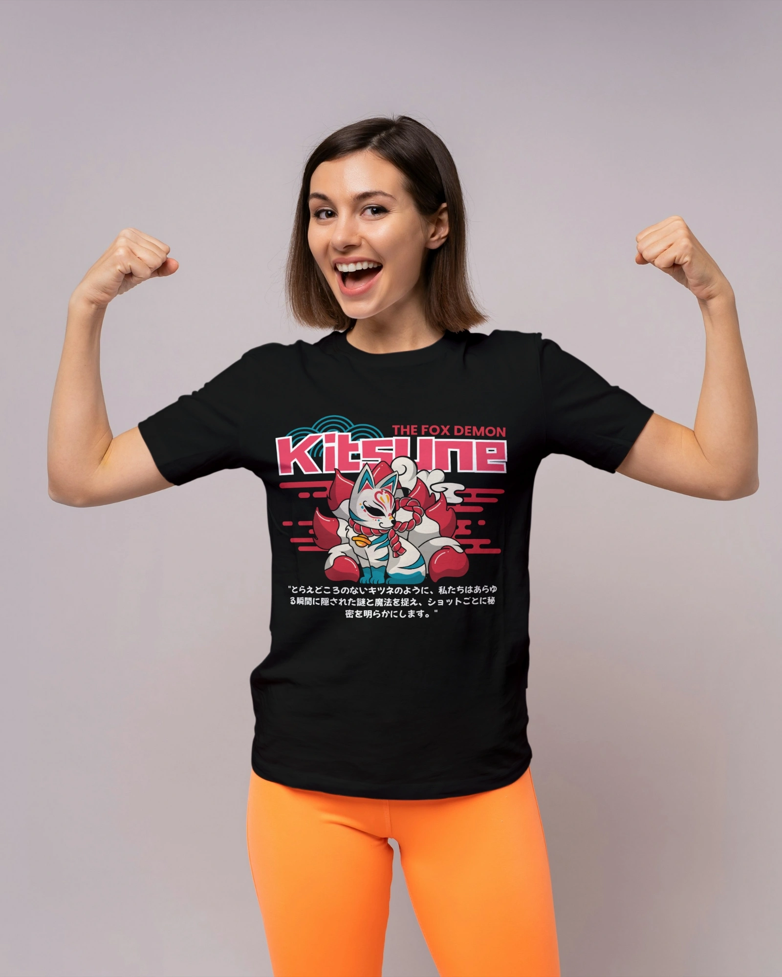Kitsune Spirit Anime Black T-shirt - Image 2
