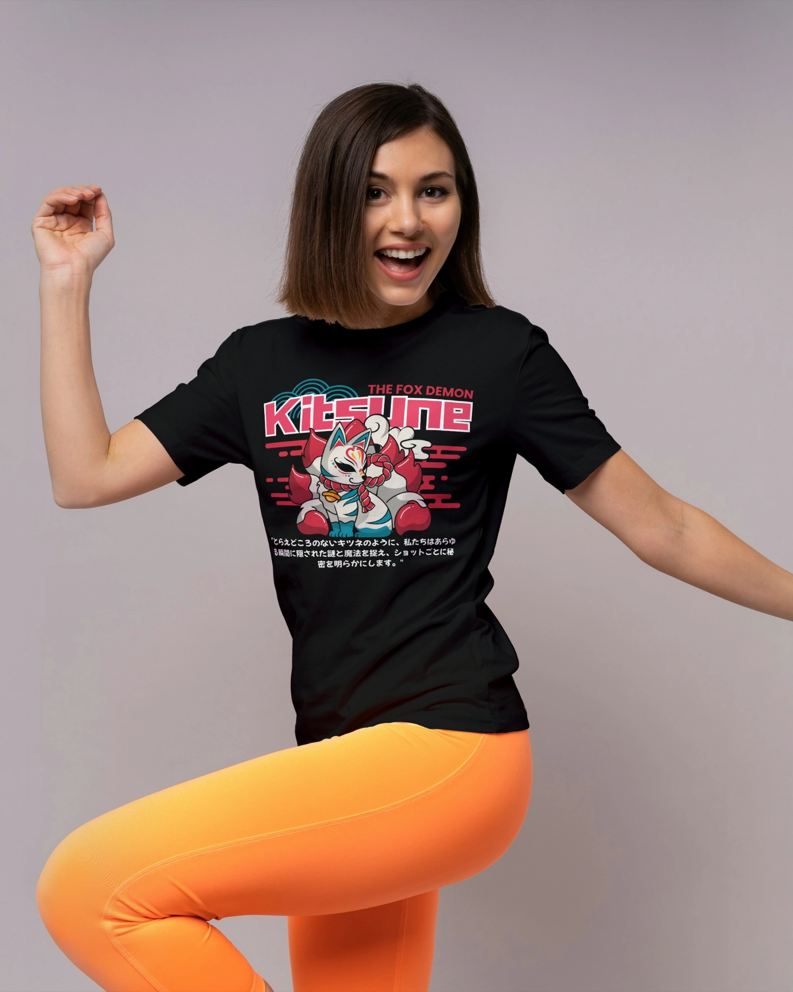 Kitsune Spirit Anime Black T-shirt - Image 4